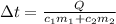 \Delta t=\frac{Q}{c_1 m_1 + c_2 m_2}