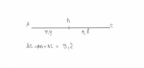 Точка b делит отрезок ac на два отрезка. найдите длину отрезка ac, если ab=4,4 см.; bc=4,8 см.