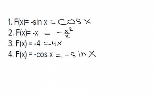 Найти одну из первообразных для функции f на r 1. f(x)= -sin x 2. f(x)= -x 3. f(x) = -4 4. f(x) = -c