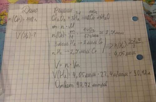 Сколько грамм оксида хрома(3) требуется для получения 140 грамм хрома? какой объем водорода потребуе