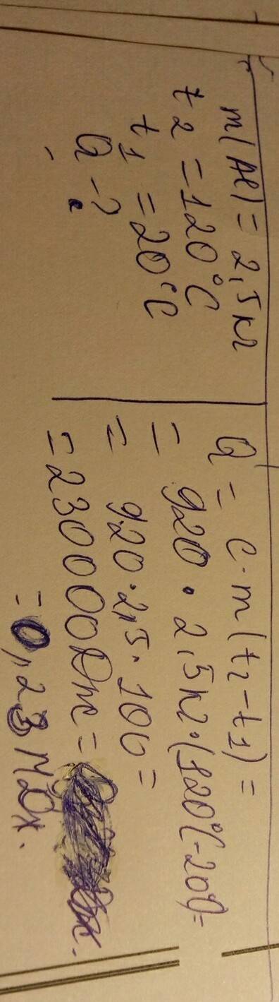 Алюминиевая деталь массой 2,5 кг охладилась от температуры 120°с до температуры 20°с. какое количест