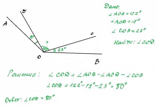 Угол aob=122градуса, угол aod=19 градусов, угол cob=23 градуса. чему равен угол cod