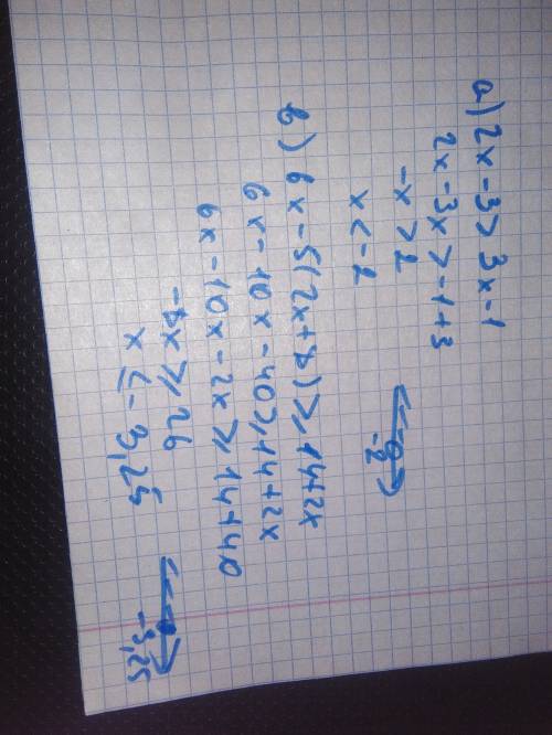 Решите неравенства: a)2x-3> 3x-1 b)6x-5(2x+8)больше либо равно 14+2x