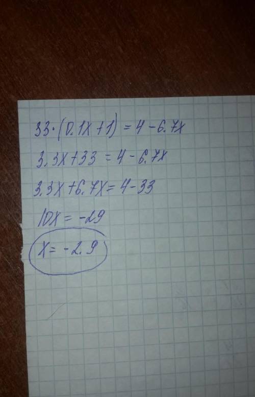 Найдите корни уравнений 33*(0,1х+1)=4-6,7х