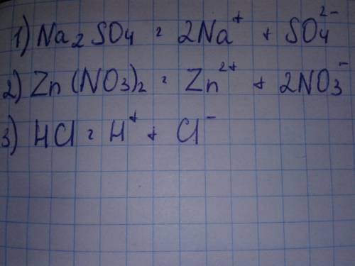 Составьте уравнения электрической диссоциации электролитов na^2so^4, zn(no^3)^2, hcl