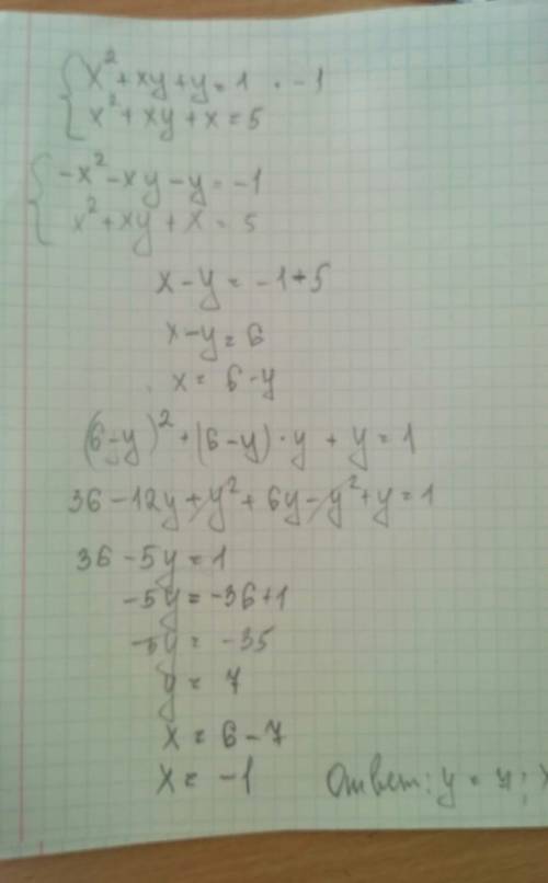 Решите систему уравнений x²+xy+y=1 x²+xy+x=5