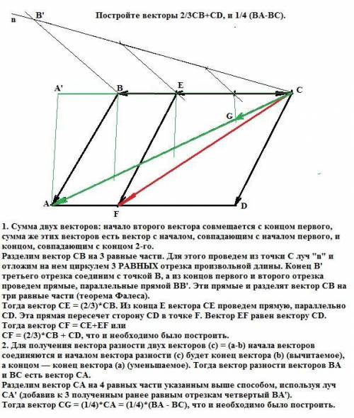 Начертите параллелограм abcd и постройте векторы 2/3cb+cd, и 1/4 (ba-bc)