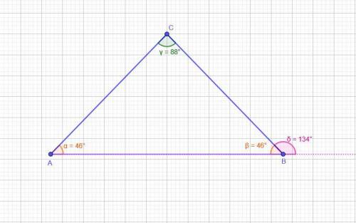 Втреугольнике abc угол c равен 88°, ac=bc. найдите градусную меру внешнего угла при вершине b