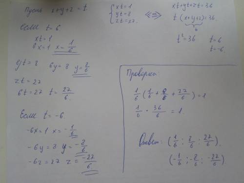 Найдите числа x, y, z, для которых справедливы следующие равенства: x(x+y+z)=1 y(x+y+z)=8 z(x+y+z)=2