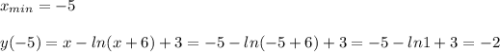 x_{min}=-5 \\ \\ y(-5)=x-ln(x+6)+3=-5-ln(-5+6)+3=-5-ln1+3=-2