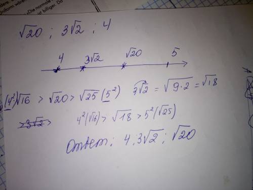 Расположите в порядке возрастания числа: √20; 3√2; 4