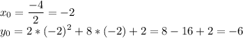 x_0= \dfrac{-4}{2}=-2 \\ y_0=2*(-2)^2+8*(-2)+2=8-16+2=-6