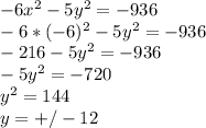 -6x^{2}-5y^{2}=-936 \\ -6*(-6)^{2}-5y^{2}=-936 \\ -216-5y^{2}=-936 \\ -5y^{2}=-720 \\ y^2 = 144 \\ y=+/-12