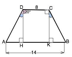 Дана равнобокая трапеция abcd,верхнее основание dc=8,нижнее основание аb=14,угол д=120°,найти периме