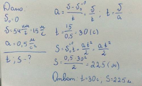 Поезд отошел от станции с ускорением 0,5м/с2.за какое время он достигнет скорости 54км/ч? какой путь