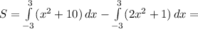 S = \int\limits^{3}_{-3}( {x^2+10}) \, dx - \int\limits^3_{-3}( {2x^2+1}) \, dx =