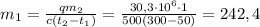 m_1=\frac{qm_2}{c(t_2-t_1)}=\frac{30,3\cdot 10^6\cdot 1}{500(300-50)}=242,4