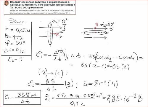 Воднородном магнитном поле с индукцией 40 находится плоский контур в виде кольца радиусом 5 см изгот