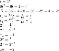 t=2^{x} \\ 8t^{2} -6t +1=0 \\ D=36-4*8=36-32=4=2^{2} \\ t_1= \frac {6+2}{16} =\frac {8}{16} = \frac {1}{2} \\ t_2= \frac {6-2}{16}=\frac {4}{16}=\frac {1}{4} \\ 2^{x}= \frac {1}{2} \\ 2^{x}=2^{-1} \\ x_1=-1 \\ 2^{x}= \frac {1}{4} \\ 2^{x}=2^{-2} \\ x_2=-2