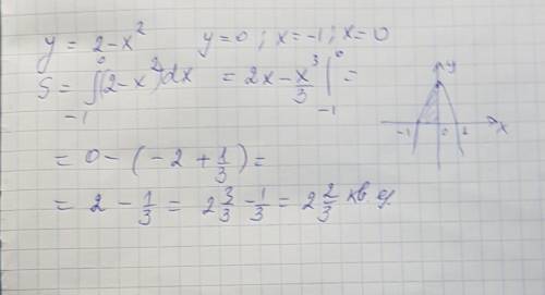 Вычислите площадь фигуры ограниченной линиями: y=2-x^2 y=0 (ось ox), x= -1,x=0