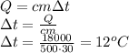 Q=cm\Delta t\\\Delta t=\frac{Q}{cm}\\\Delta t=\frac{18000}{500\cdot 30}=12^oC