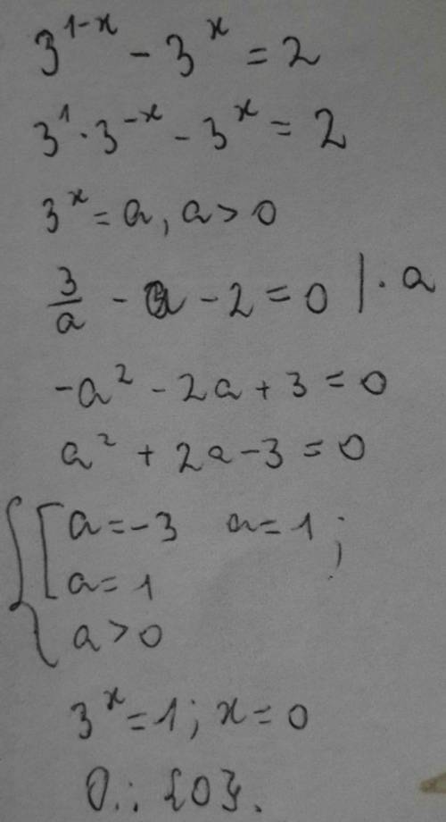 3^(1-x)-3^(x)=2 методом заменой переменной