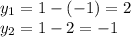 y_1=1-(-1) = 2 \\ y_2=1-2 = -1