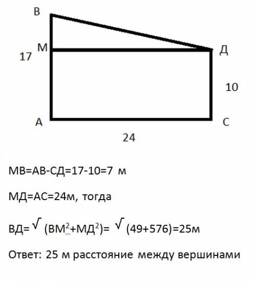 2сосны растут на расстоянии 24 м одна от другой высота одной сосны 17 м а другой 10 м найдите рассто