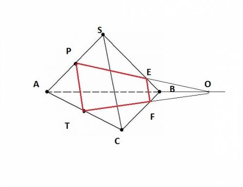 Sabc — треугольная пирамида. точки р и т — середины ребер sa и ас соответственно, точка o лежит на п