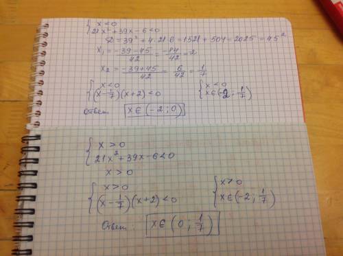 Решите систему неравенств a) x< 0 21x^2+39x-6< 0 b) 21x^2+39x-6< 0 x> 0