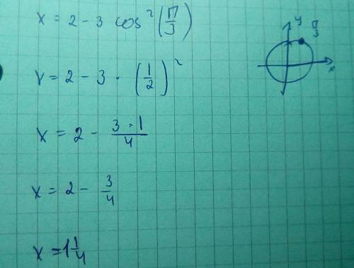 Решите уравнение: x=2-3cos^2(pi/3). подробно, по действиям.