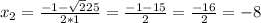 {x_{2}}=\frac{-1-\sqrt 225}{2*1}=\frac{-1-15}{2}=\frac{-16}{2}=-8