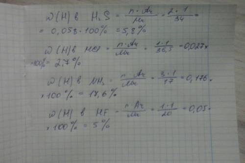 Рассчитать массовую долю водорода в h2s(водород и сера) hcl(водород и хлор) nh3(водород и натрий) hf