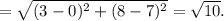 = \sqrt{(3-0)^2 + (8-7)^2} = \sqrt{10}.