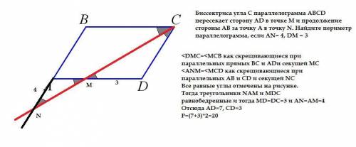 Биссектриса угла с параллелограмма abcd пересекает сторону ad в точке м и продолжение стороны ab за