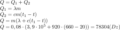 Q=Q_1+Q_2\\Q_1=\lambda m\\Q_2=cm(t_1-t)\\Q=m(\lambda+c(t_1-t))\\Q=0,08\cdot (3,9\cdot 10^5+920\cdot (660-20))=78304(Dz)