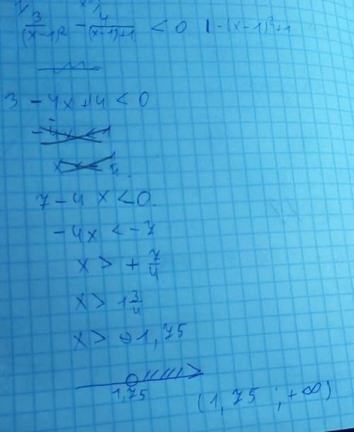 Решить неравенство.не могу к общему знаменателю 3/(х-1)^2-4/(х-1)+1< 0