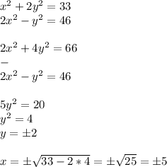 x^2+2y^2=33 \\ 2x^2-y^2=46 \\ \\ 2x^2+4y^2=66 \\ - \\ 2x^2-y^2=46 \\ \\ 5y^2=20 \\ y^2=4 \\ y=б2 \\ \\ x= б\sqrt{33-2*4}=б\sqrt{25}=б5