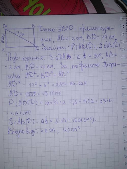 Знайдіть периметр і площу прямокутника одна зі сторін якого дорівнює 8 см, а діагональ - 17 см