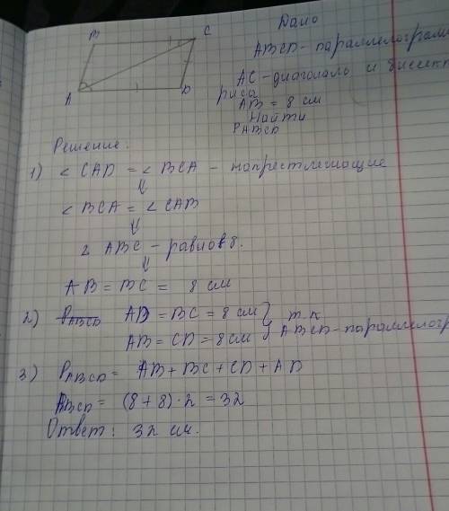 Впараллелаграмме abcd диагональ ас является биссектрисой угла а. найдите периметр авсд, странсторона