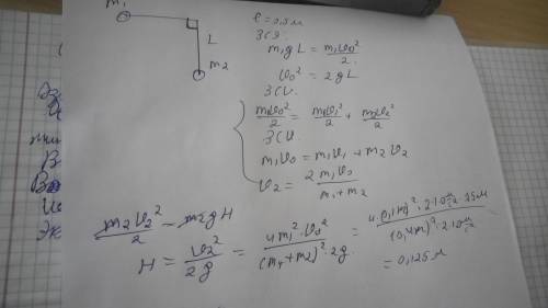 Два абсолютно шарика с массами m1 = 100 г и m2 = 300 г подвешены на одинаковых нитях длины l = 50 см