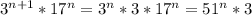 3^{n+1}*17^n=3^n*3*17^n=51^n*3