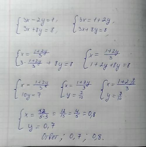 Ссистемой уравнений, , надо ! 3x-2y=1 3x+8y=8