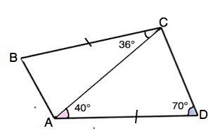 Вчетырёхугольнике abcd стороны ad и bc равны,угол dac = 40*, угол dca=70* и угол acb=36*. чему равен