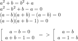 \displaystyle a^2+b=b^2+a\\a^2-b^2+b-a=0\\(a-b)(a+b)-(a-b)=0\\(a-b)(a+b-1)=0\\\\ \left[\begin{array}{ccc}a-b=0\\a+b-1=0\end{array}\right=\ \textgreater \ \left[\begin{array}{ccc}a=b\\a=1-b\end{array}\right