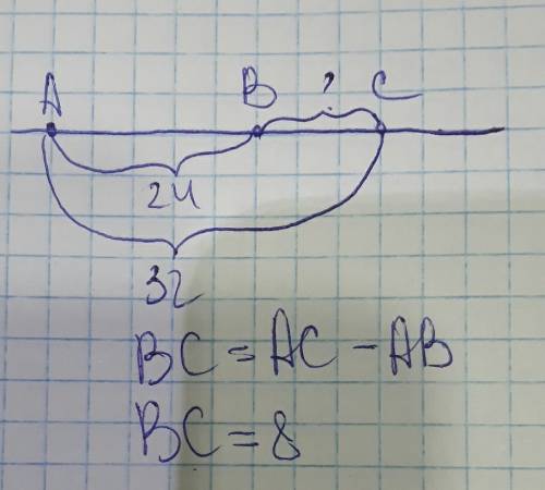 Точки а,в и с лежат на одной прямой. найдите длину отрезка вс, если ав = 24 см,ас = 32 см. сколько р