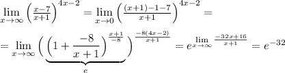 \lim\limits _{x \to \infty} \Big ( \frac{x-7}{x+1}\Big )^{4x-2}=\lim\limits _{x\to 0}\Big (\frac{(x+1)-1-7}{x+1}\Big )^{4x-2}=\\\\=\lim\limits _{x \to \infty}\Big (\underbrace {\Big (1+\frac{-8}{x+1}\Big )^{\frac{x+1}{-8}} }_{e}\Big )^{\frac{-8(4x-2)}{x+1}}=e^{ \lim\limits _{x \to \infty} \frac{-32x+16}{x+1}}=e^{-32}