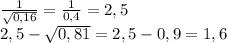 \frac{1}{\sqrt{0,16} } =\frac{1}{0,4} =2,5\\2,5-\sqrt{0,81} =2,5-0,9=1,6