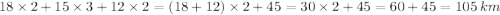 18 \times 2 + 15 \times 3 + 12 \times 2 = (18 + 12) \times 2 + 45 = 30 \times 2 + 45 = 60 + 45 = 105 \: km