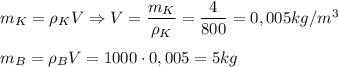 m_K= \rho_K V \Rightarrow V= \dfrac{m_K}{\rho_K}= \dfrac{4}{800} =0,005kg/m^3 \\ \\ m_B=\rho_BV=1000 \cdot 0,005=5kg